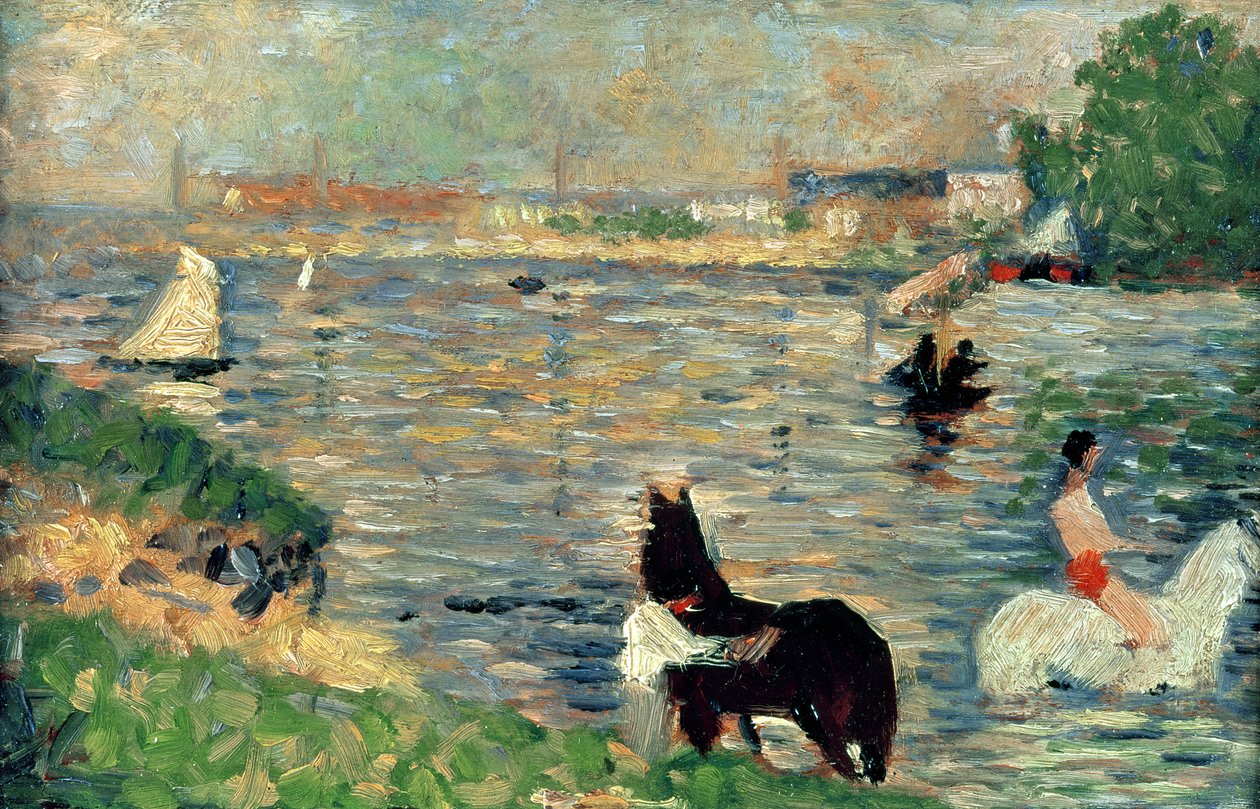 Horses in a River, c.1883 (panel) (Baignade çalışması) by Georges Seurat