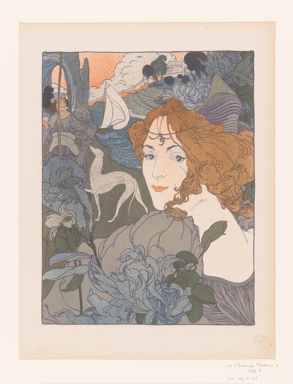 Nehir kenarında bir asilzade ve tazı olan bayan dönüş by Georges de Feure