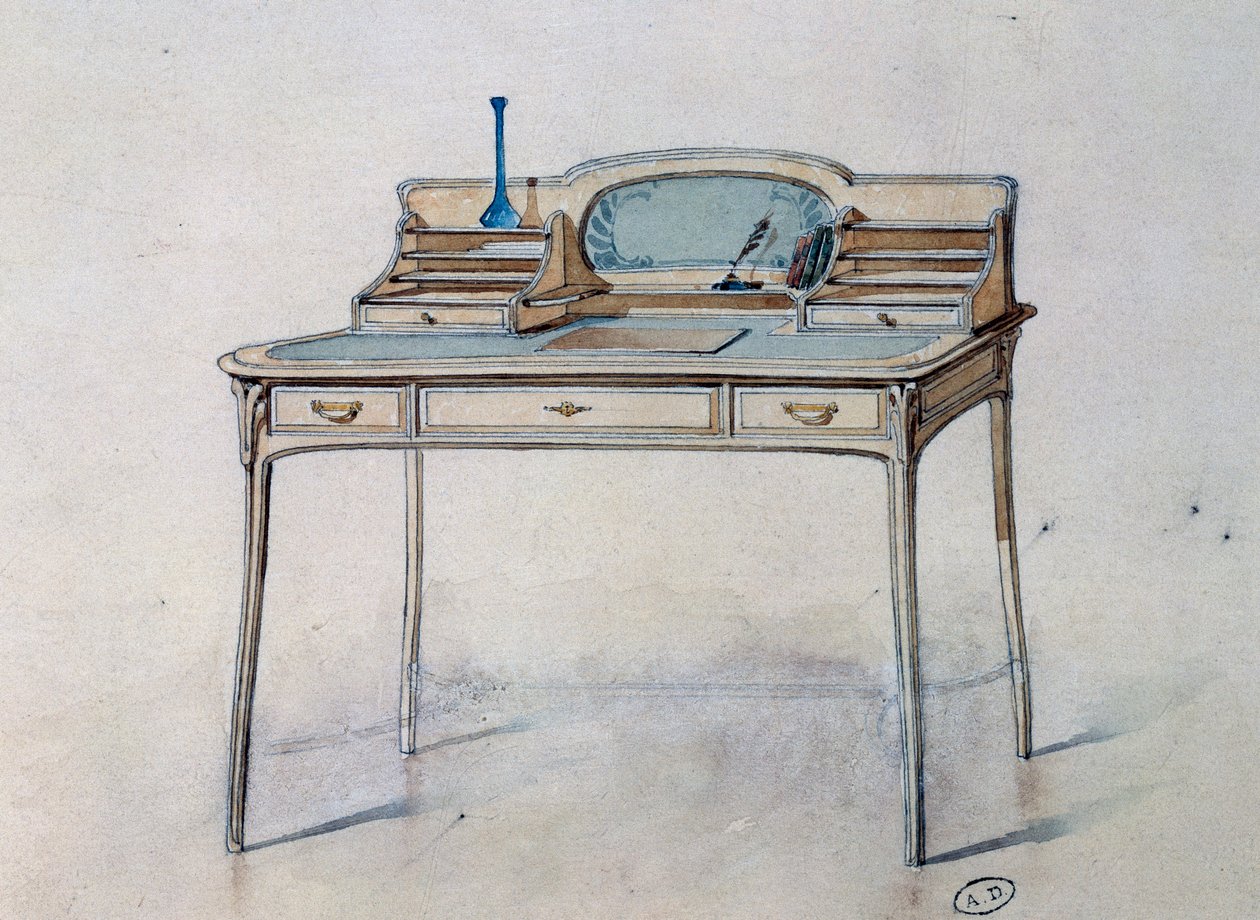 Bing Atelier (Art Nouveau Atölyesi) için Art Nouveau kadın yazı masası çizimi, c.1900 (suluboya ve kurşun kalem) by Georges de Feure