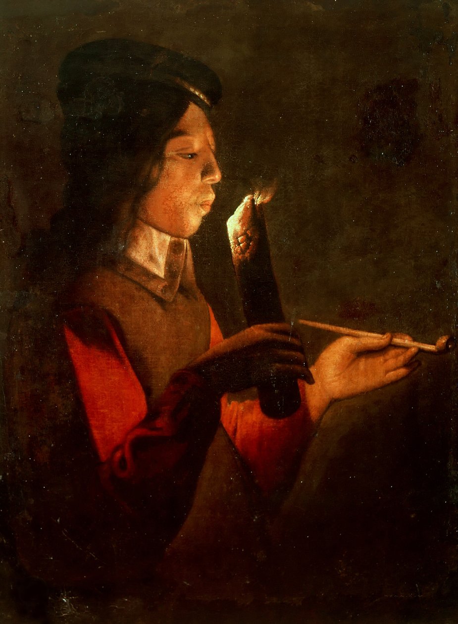 Pipolu genç bir çocuk, ateşli bir Le Souffleur à la pipoya üfler. by Georges de, La Tour
