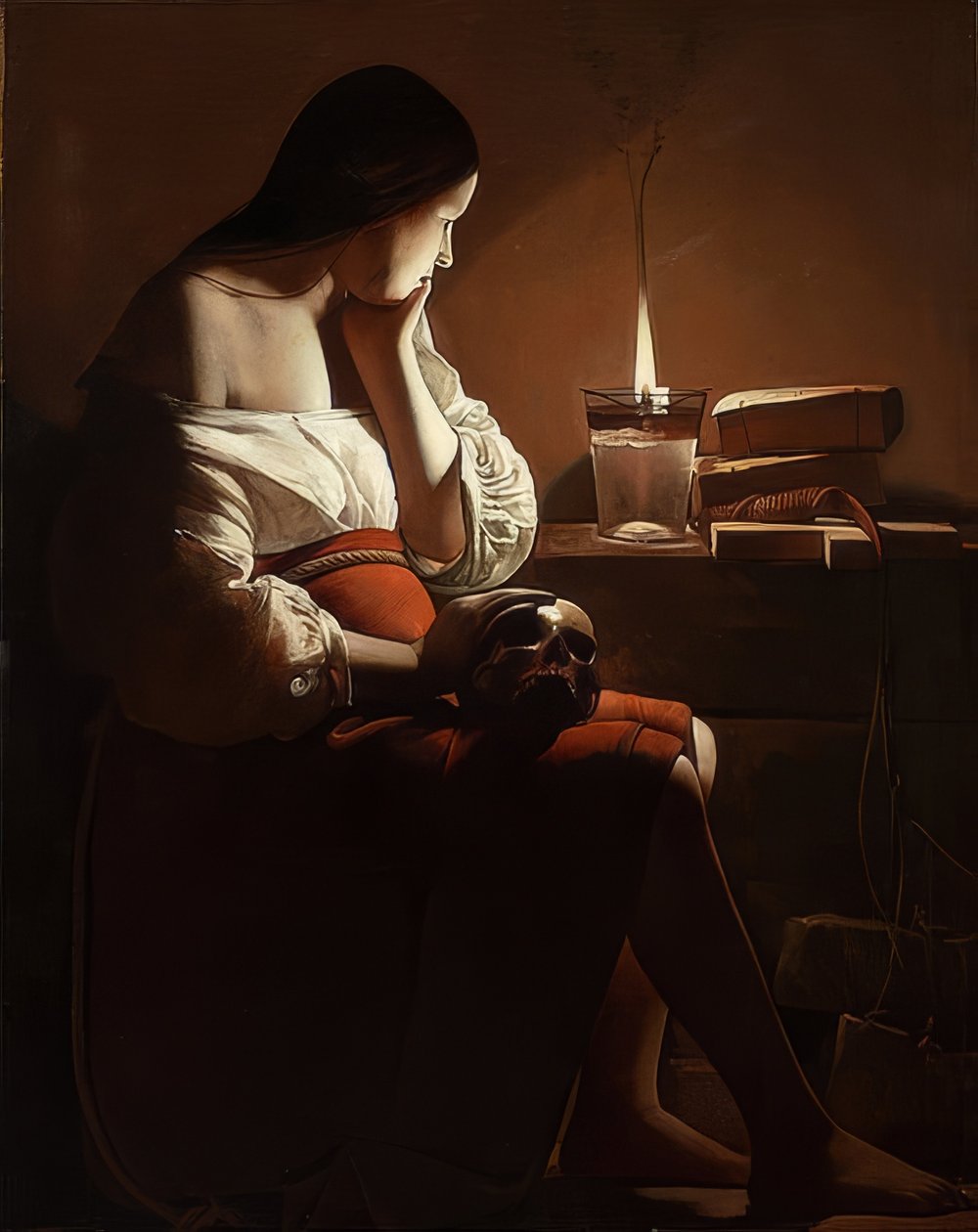 Hışırdayan bir alevle Maria Magdalena. 1638-40 civarında by Georges de La Tour