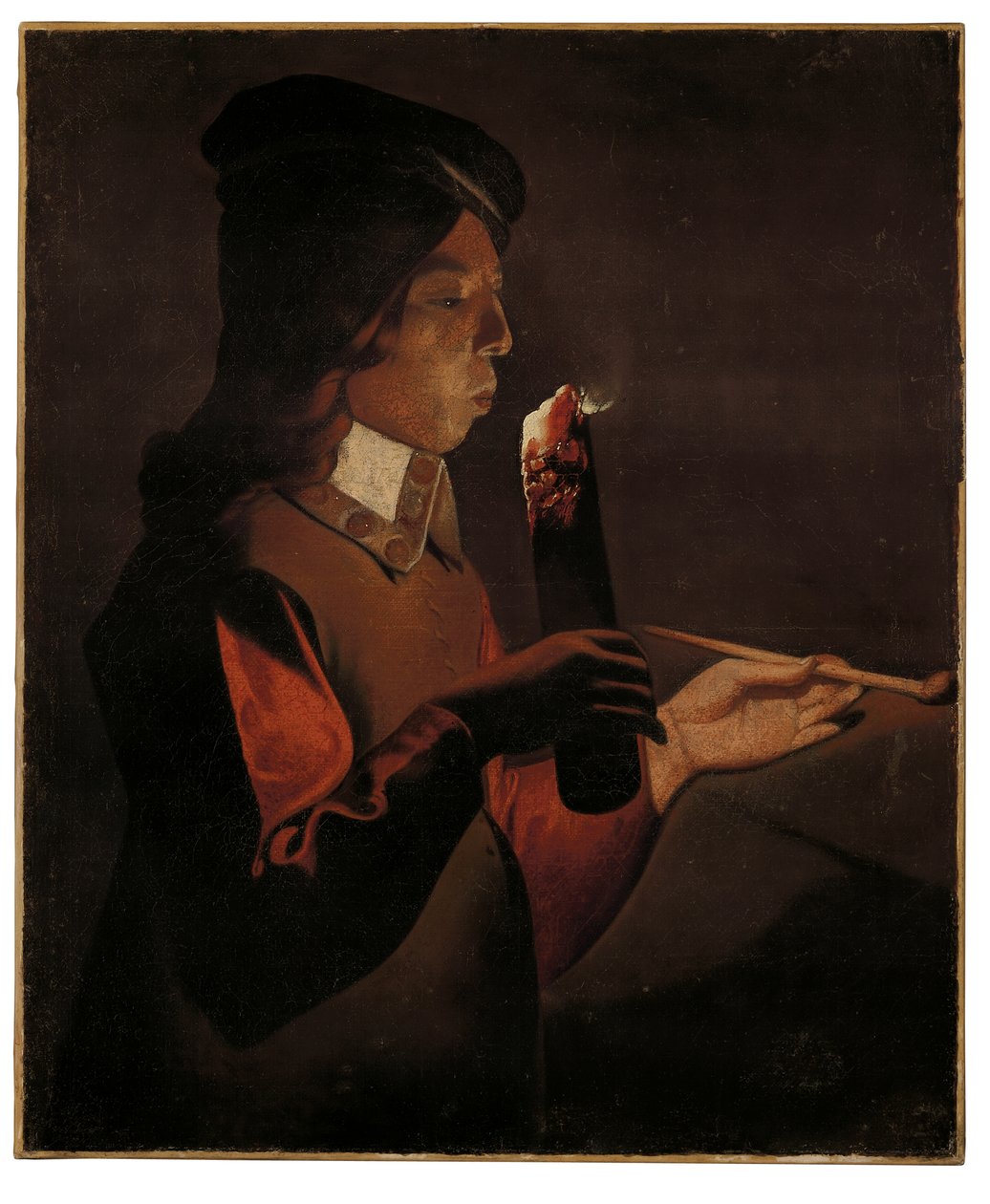 Pipolu genç bir çocuk, bir ateşin üzerine üfler (tuval üzerine yağlı boya) by Georges de La Tour