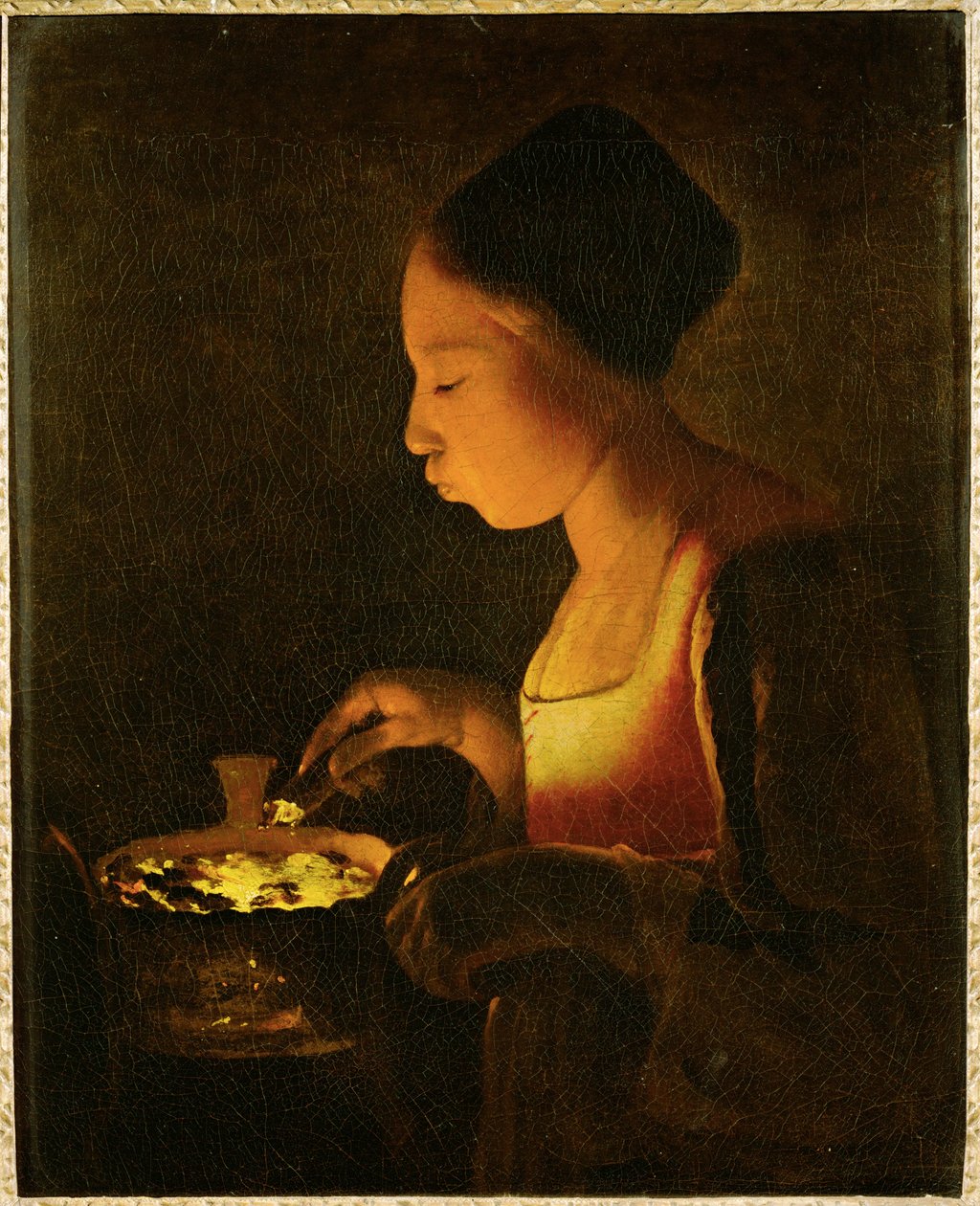 Mangalda Üfleyen Kız (tuval üzerine resim) by Georges de la Tour
