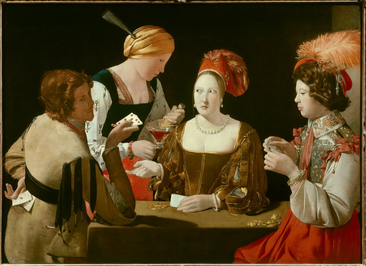 Le cheeur à l'ace de carreau Georges de La Tour'un (1593-1652) tablosu 17. yüzyıl Güneşi. 1x1,46 m - Elmas ası ile hile - Georges de La Tour (1593-1652), tuval üzerine yağlı boya (Y. 106x146 cm), c.1635 - by Georges de La Tour