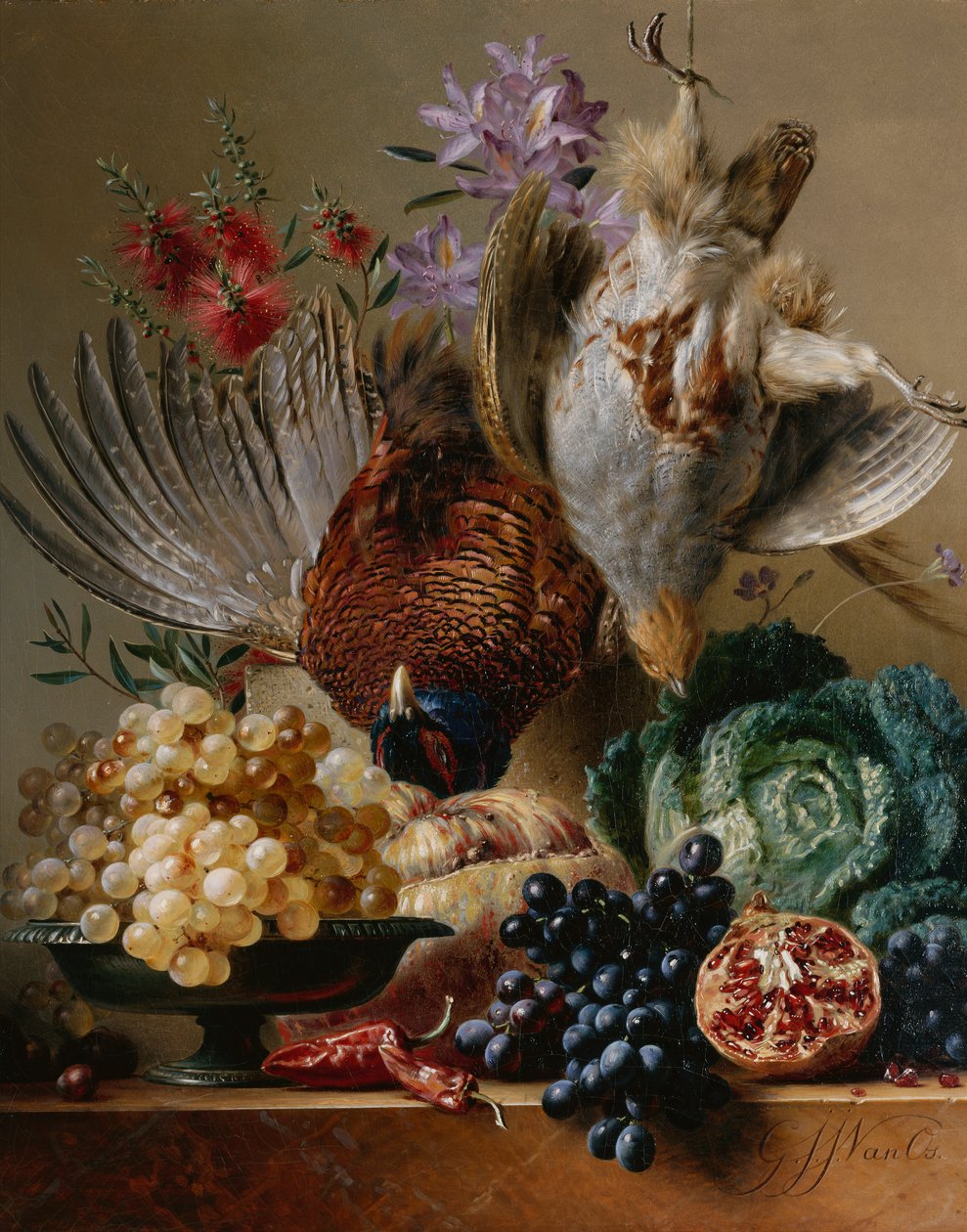 Bir Çıkıntıda Ölü Sülün, Keklik, Üzüm, Lahana, Meyve ve Çiçekler (tuval üzerine yağlı boya) by Georgius Jacobus Johannes van (after) Os