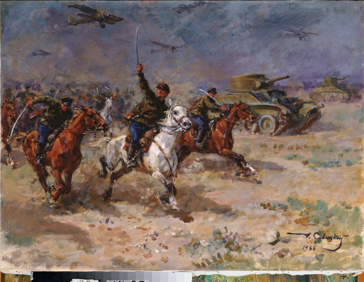 Saldırı (Ekim Devrimi Sırasında Kızıl Ordu'nun Tankları ve Süvarileri) - Saldırı - George (Georgy, Georgi) Konstantinovich Savitsky (1887-1949), tuval üzerine yağlı boya by Georgiy Konstantinovich Savitsky