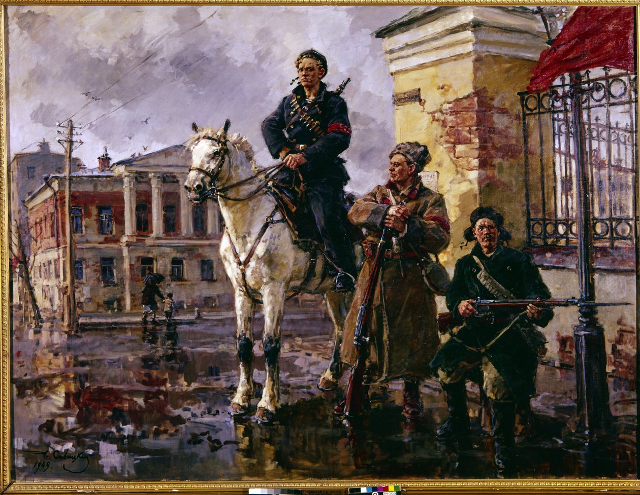 Ekim 1917 Rus Devrimi: ""Ekim ayının ilk günleri"" (Ekim ayının ilk günleri). 25 Ekim 1917'de Saint Petersburg'daki Kışlık Saray'ın ele geçirilmesi, Kızıl Muhafızlar ve Bolşevikler tarafından yönetilen bir saldırı. George ta by Georgiy Konstantinovich Savitsky