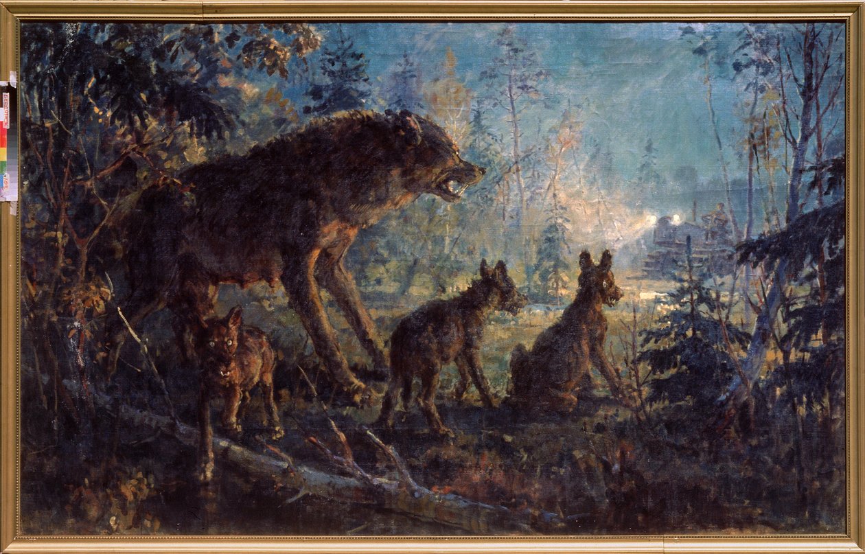 Ormanda bir buluşma (Kurt ve yavruları bir traktöre bakarken, gece) - Ahşapta bir buluşma - George (Georgy, Georgi) Konstantinovich Savitsky (1887-1949), tuval üzerine yağlı boya by Georgiy Konstantinovich Savitsky