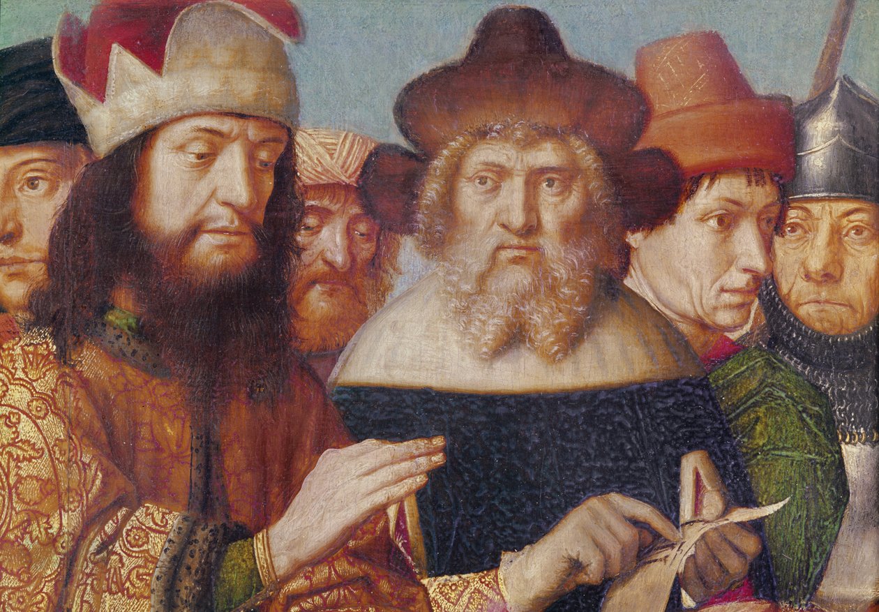 Çarmıha Gerilme Üçlemesi, sol panel: Yahudi yargıçlar, Roma askerlerinin başlarının detayı, panelde c.1480 yağlı boya by Gerard David