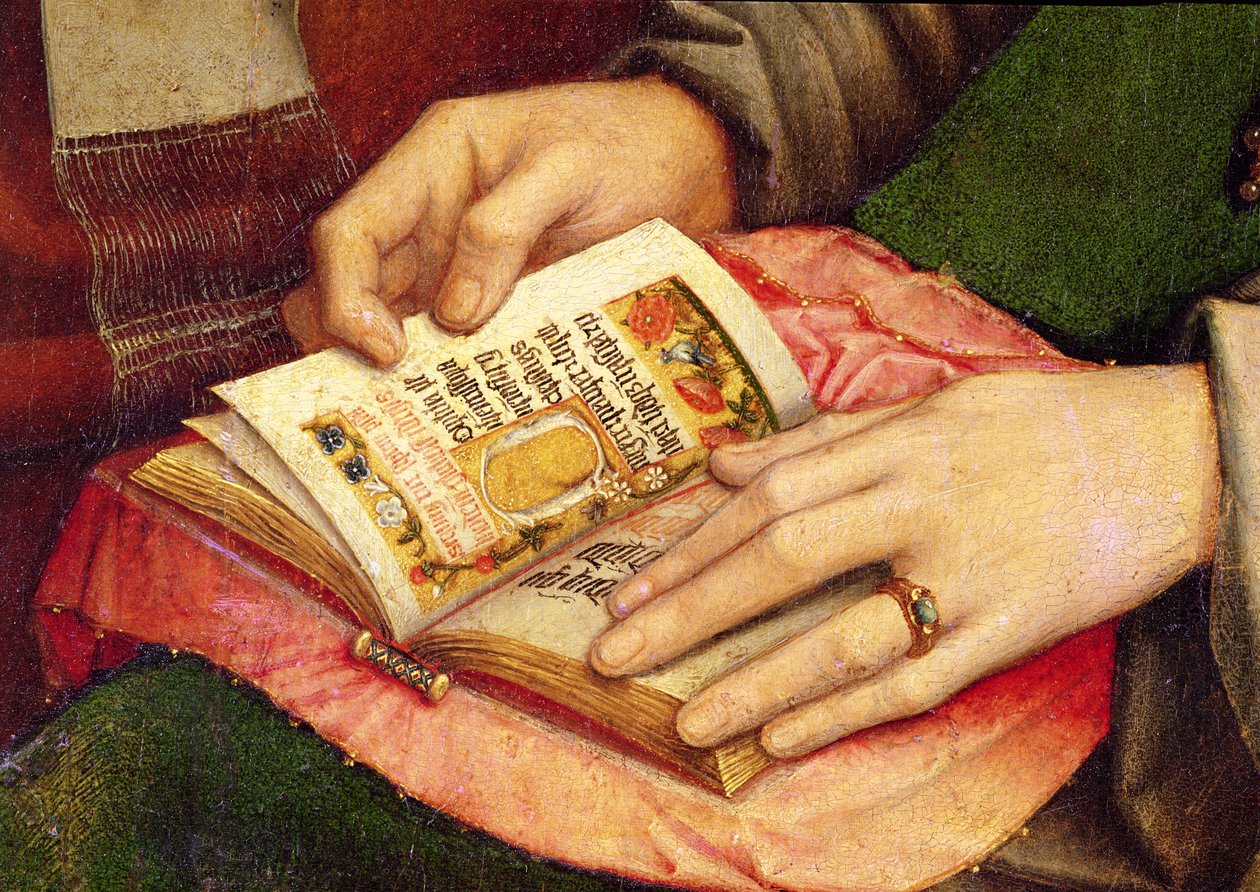 Bakire ve Azizlerle Çocuk, açık bir kitaptan detay, c.1509 by Gerard David