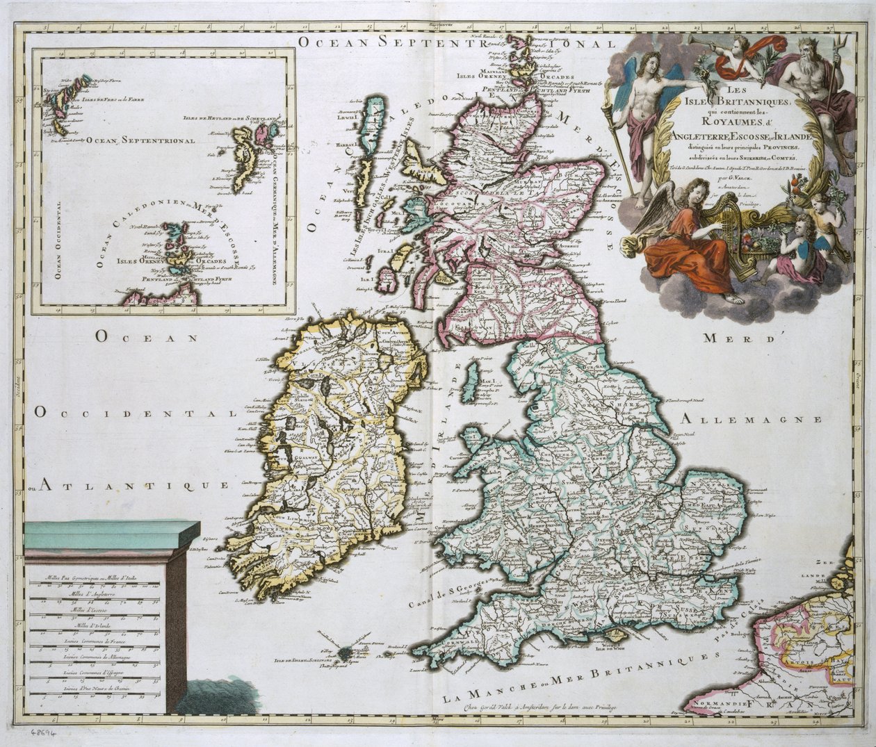 Britanya ve İrlanda Haritası (renkli gravür) by Gerard Valck