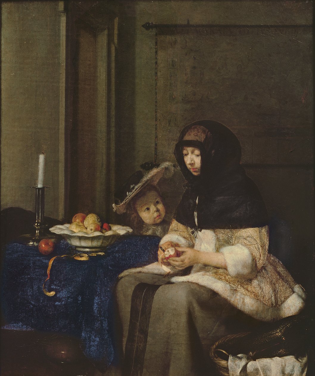 Elma soyan kadın, c.1660 (ahşap üzerine tuval) by Gerard ter Borch