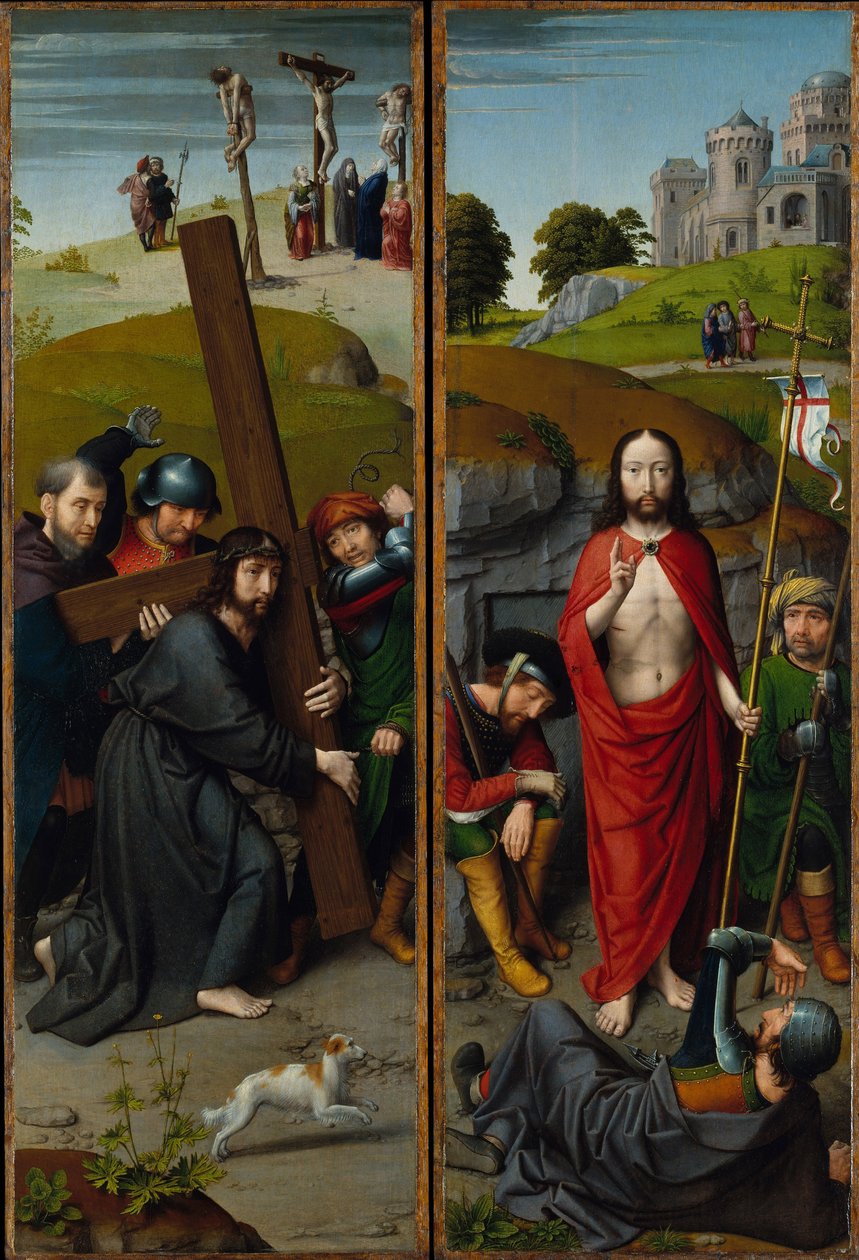 Çarmıha Gerilme ile Haç Taşıyan İsa; Diriliş, Emmaus Hacıları ile, c.1510 (meşe panel üzerine yağlı boya) by Gerard David