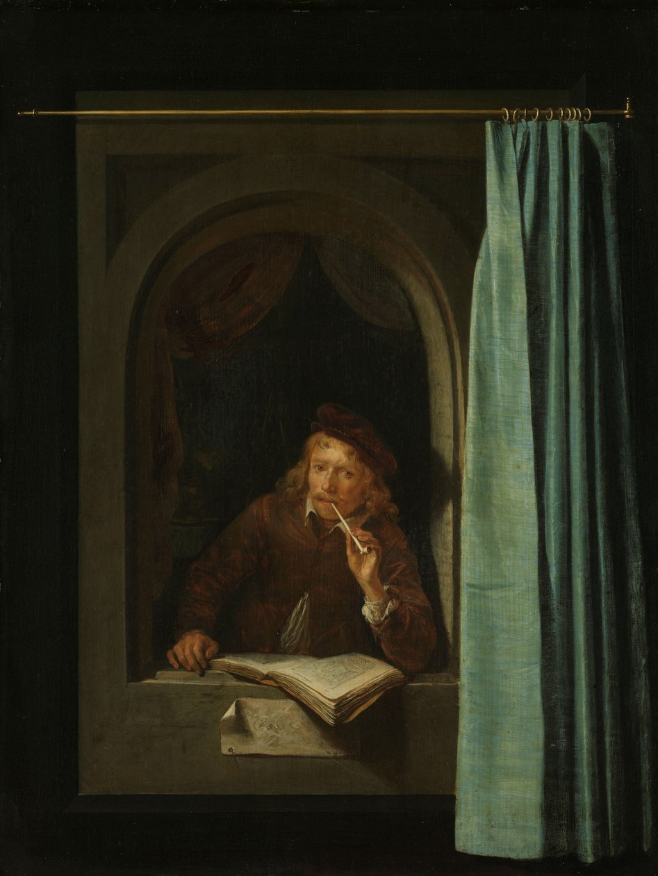 Adam Pipo İçiyor. Otoportre, 1650. by Gerrit Dou