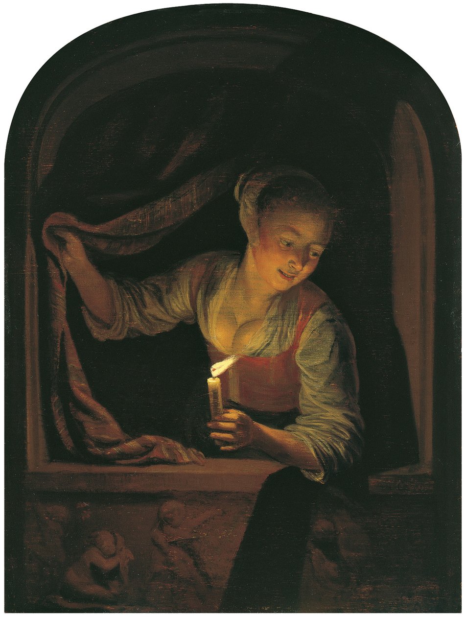 Pencerede yanan bir mum olan kadın by Gerrit Dou