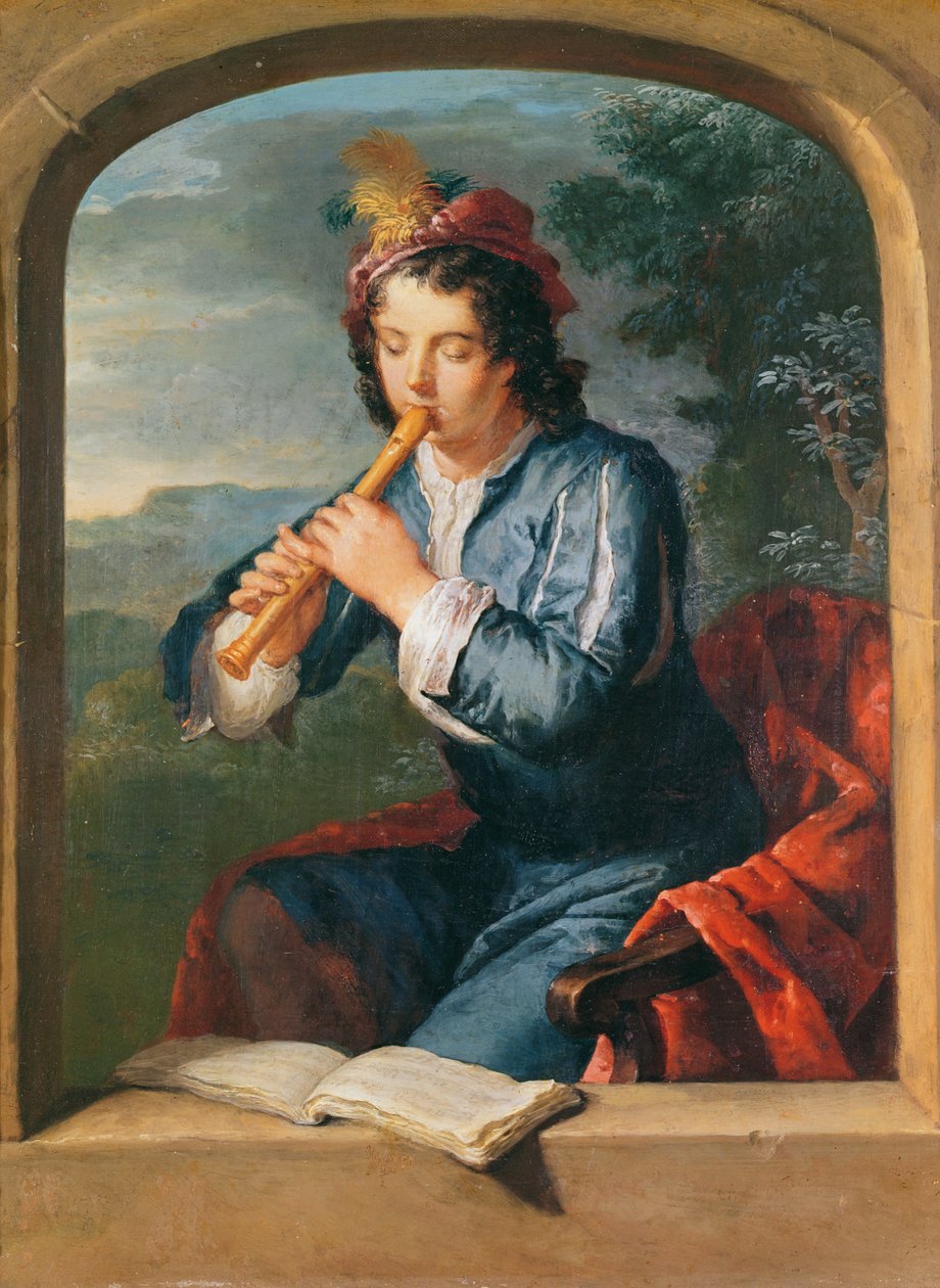 Flüt çalan genç adam (kağıt üzerinde pastel) by Gerard Hoet