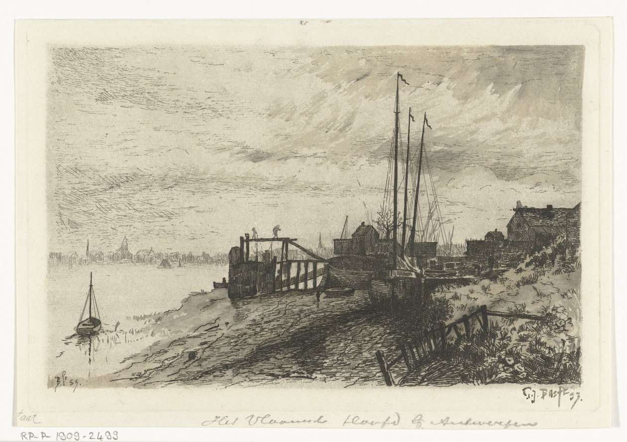 Nehir manzarası Antwerp yakınlarındaki Flaman Kafası (nesnedeki başlık) by Gerard Jan Bos (signed by artist)