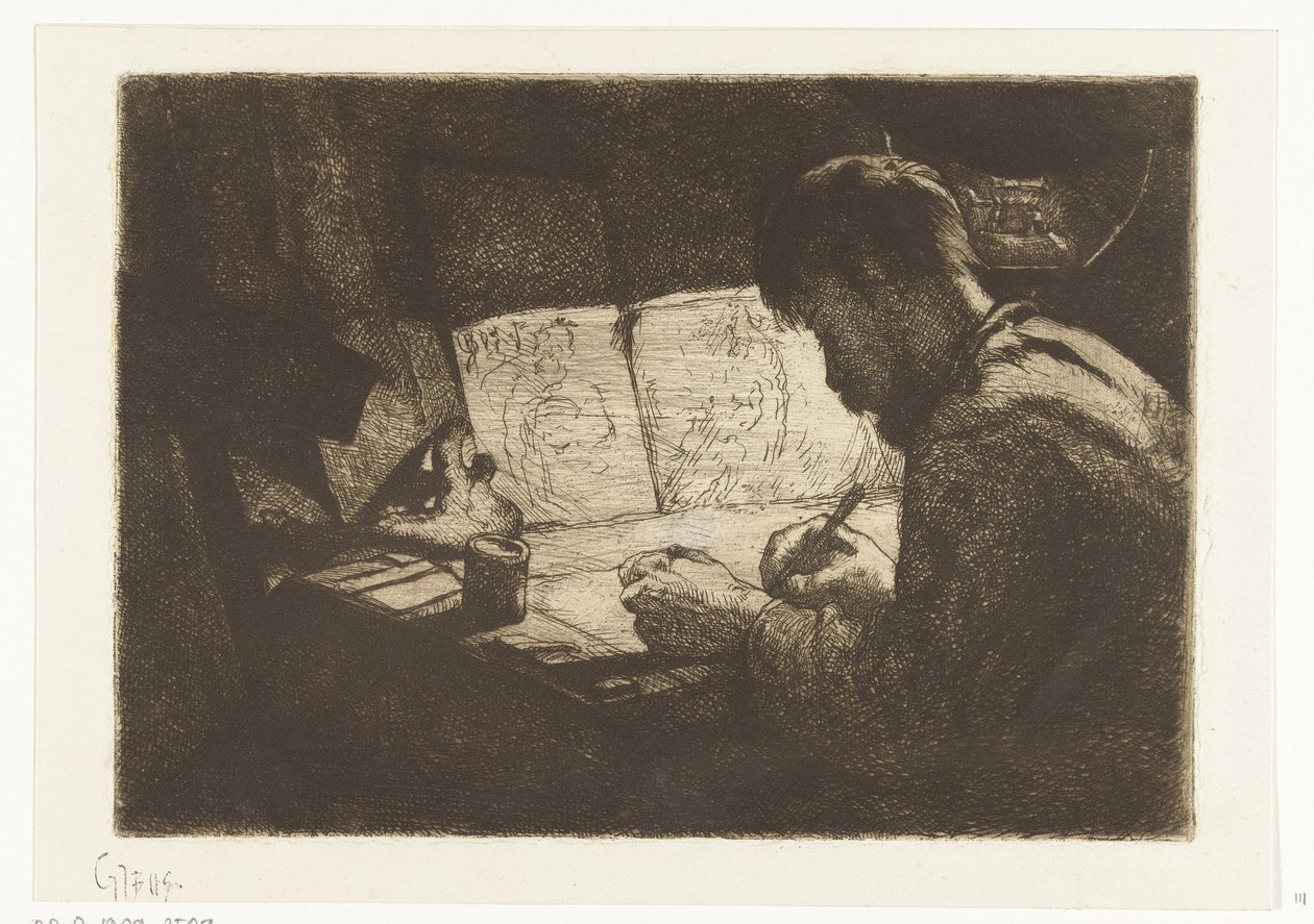 Çizim tahtasının arkasında kendi kendine portre by Gerard Jan Bos (signed by artist)