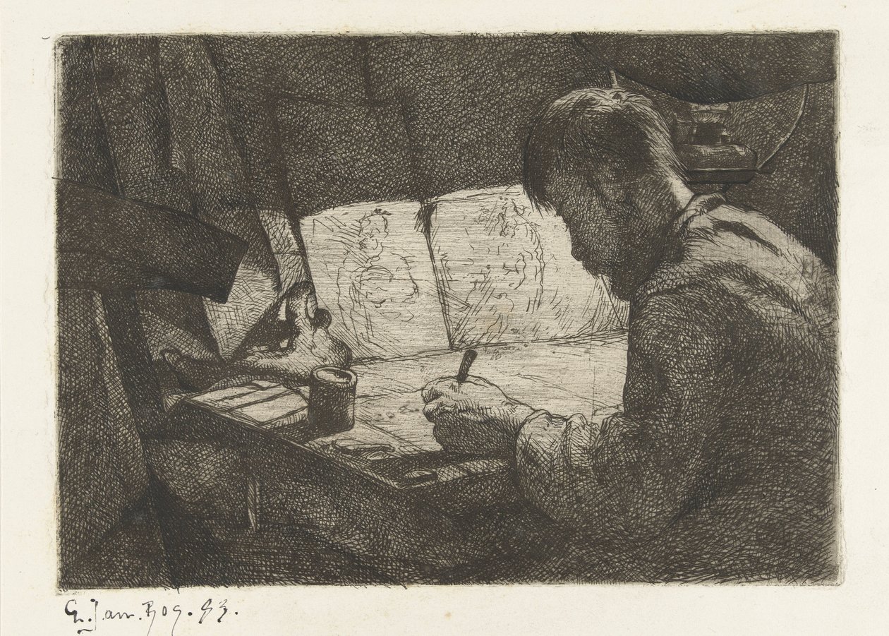 Çizim tahtasının arkasında kendi kendine portre by Gerard Jan Bos (signed by artist)