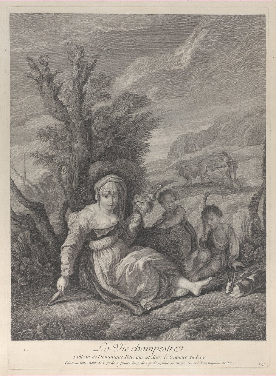 Yanında iki erkek çocuğuyla birlikte manzarada oturan taşralı bir kadın, 1729-40. by Gerard Jean Baptiste Scotin