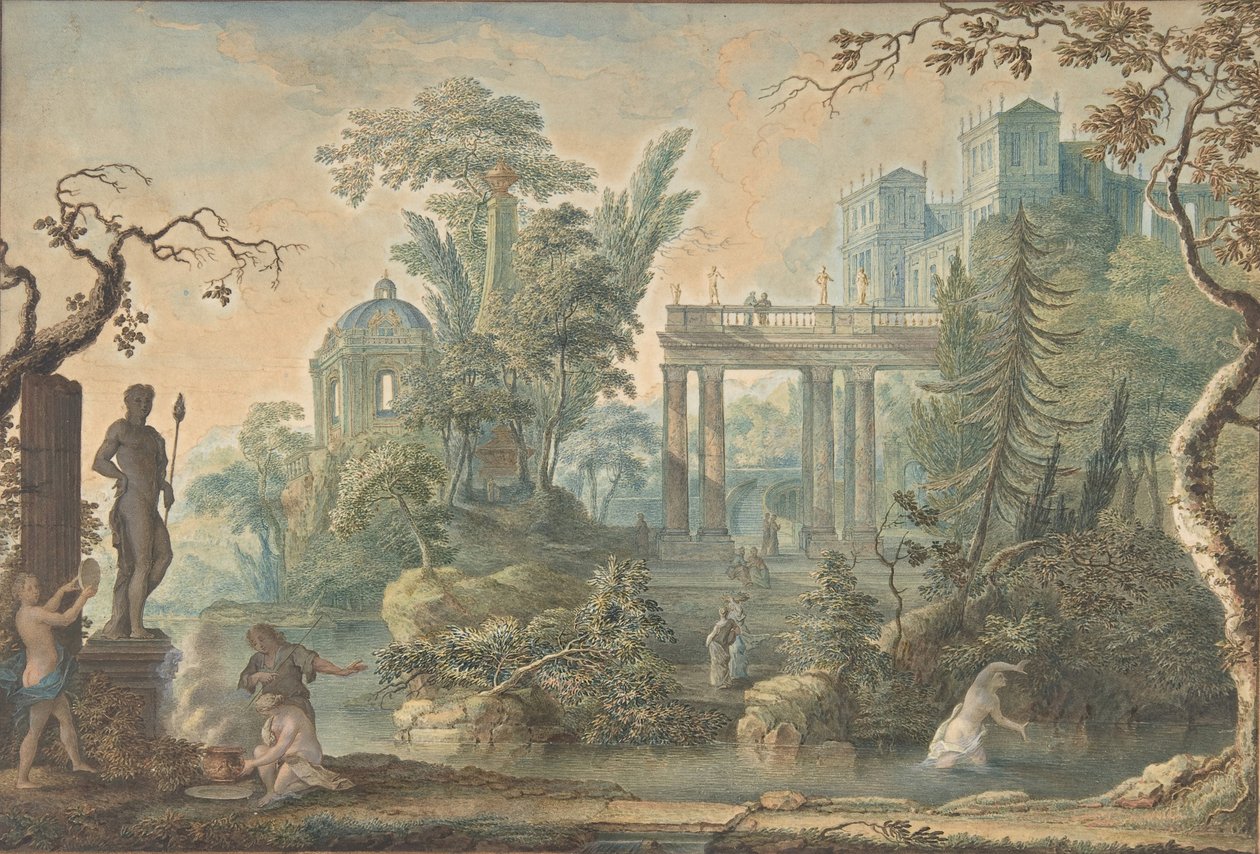 Birkaç Figürlü Arcadian Manzarası ve Apollon Heykeli, 18. yüzyıl. by Gerard Melder