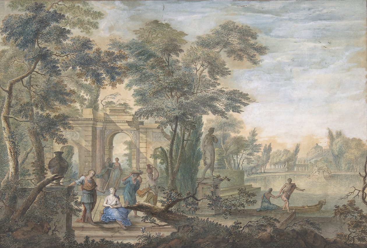 Birkaç Figürlü Arcadian Manzarası ve Diana Heykeli, 18. yüzyıl. by Gerard Melder