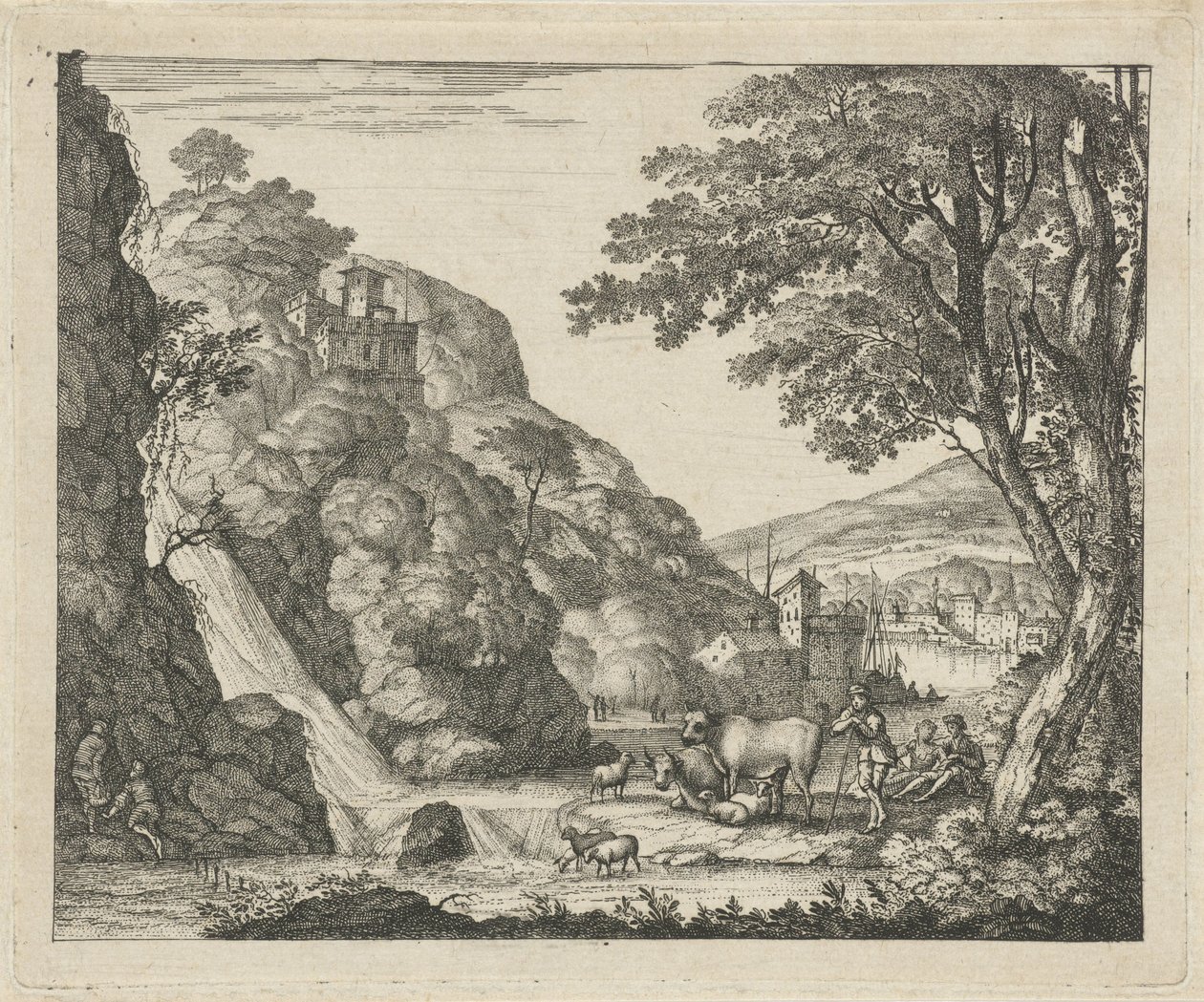 Bir şelale, hayvanlarla çoban by Gerard Melder