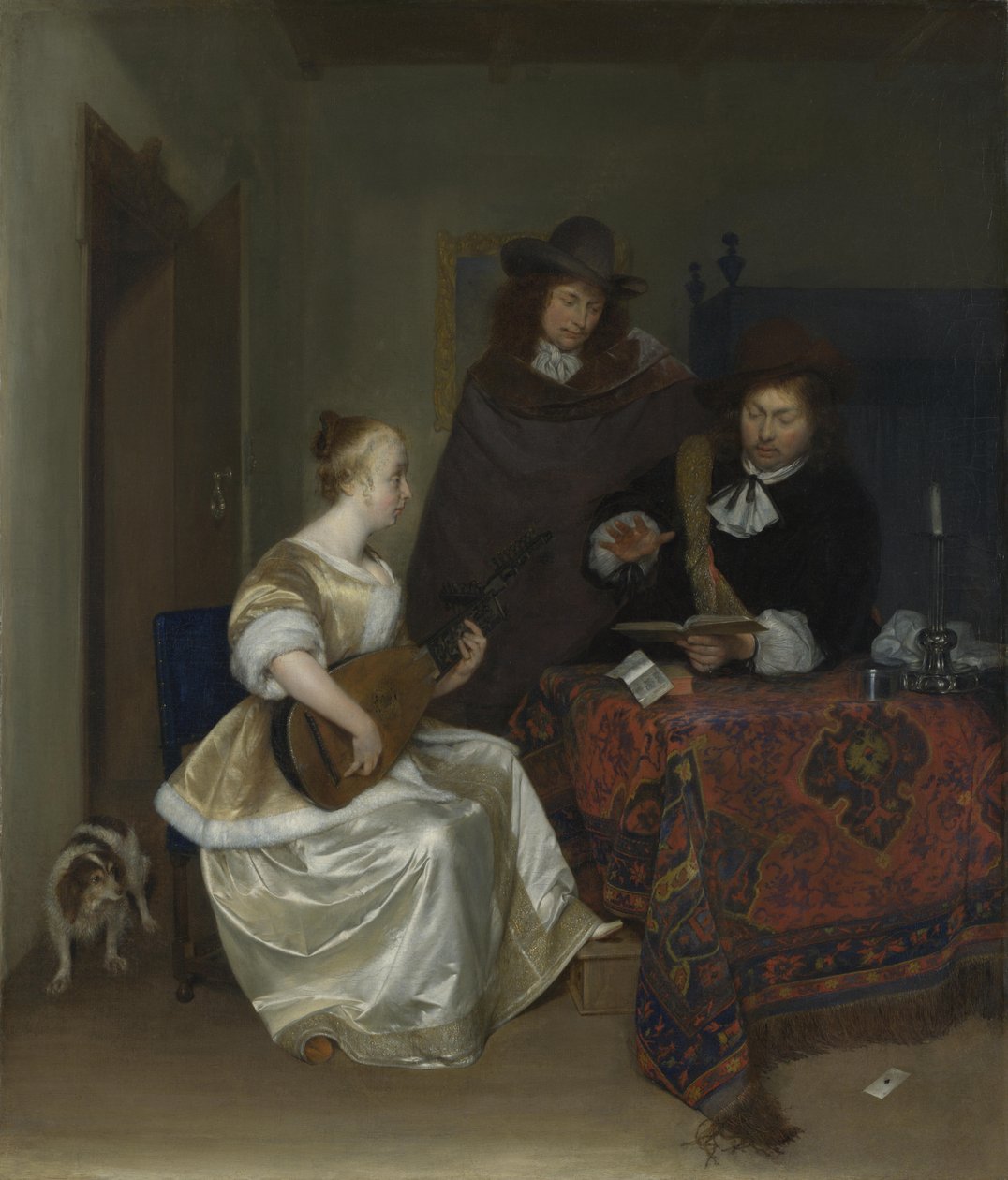 İki Adama Theorbo Oynayan Bir Kadın, 1668 civarı by Gerard Ter Borch the Younger