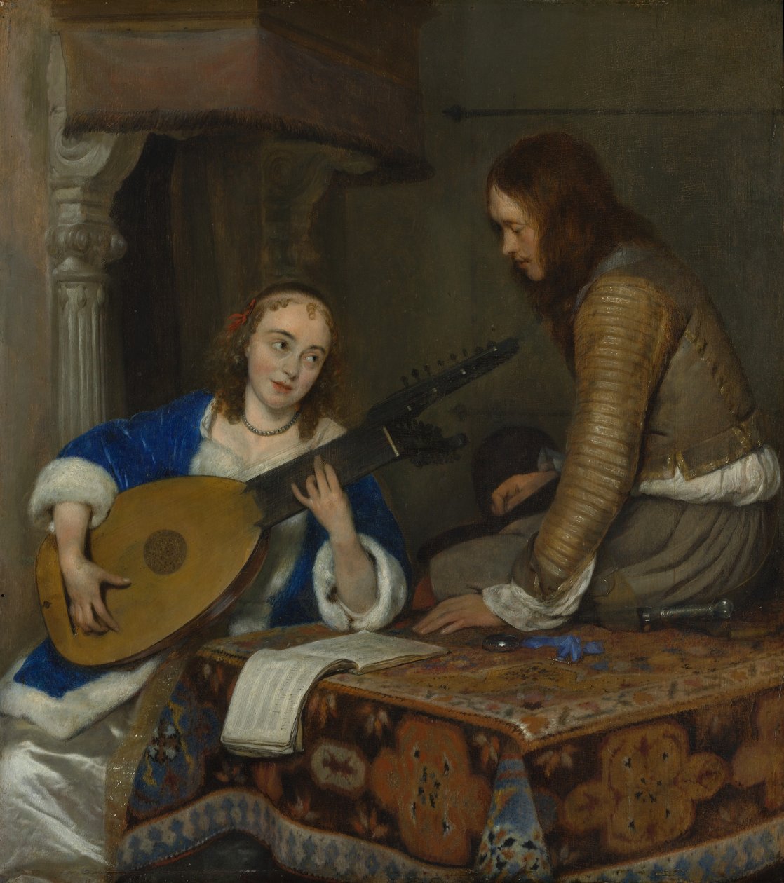 Theorbo-Lute ve Cavalier Oynayan Bir Kadın, yaklaşık. 1658. by Gerard Terborch II