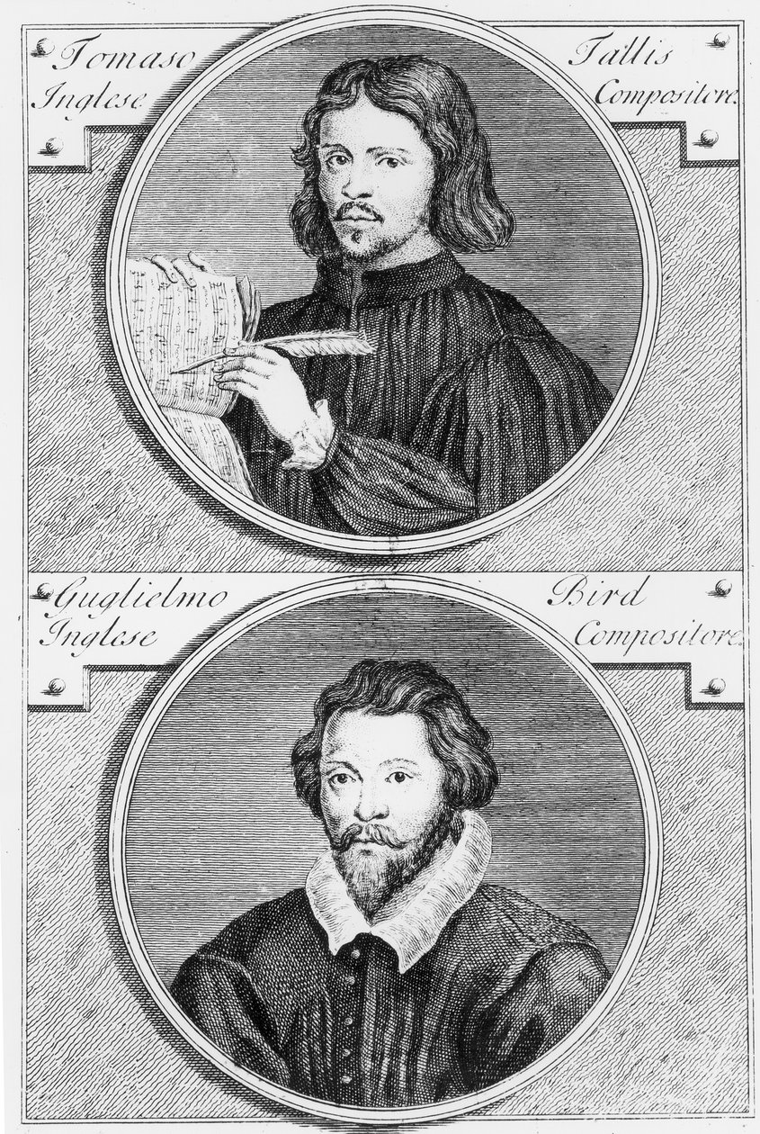 Niccolo Francesco Haym (168889-c.1729) tarafından oyulmuş Thomas Tallis (c.1505-85) ve William Byrd (1543-1623) by Gerard Vandergucht