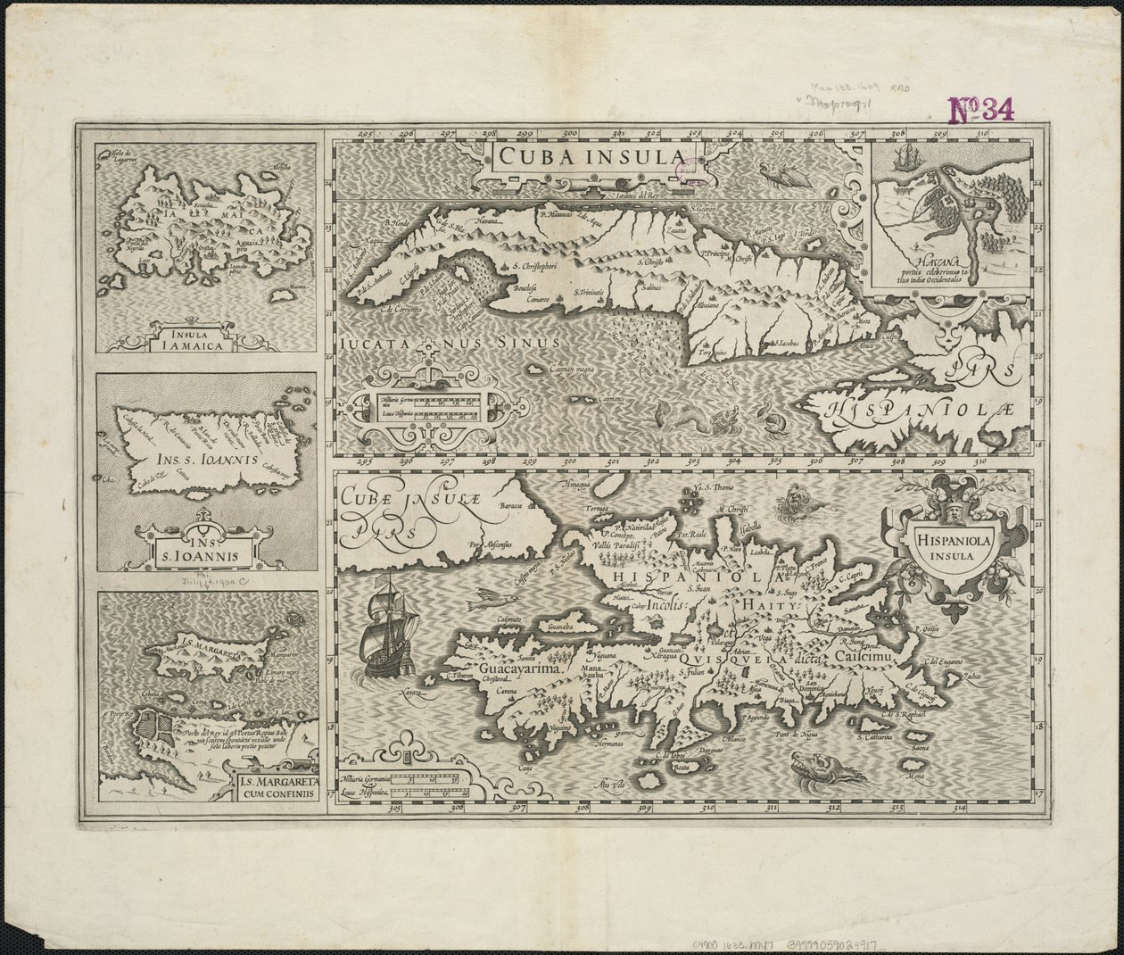 Küba Insula ; Hendrik Hondius tarafından kazınmış Hispaniola Insula, 1633 by Gerard after Mercator