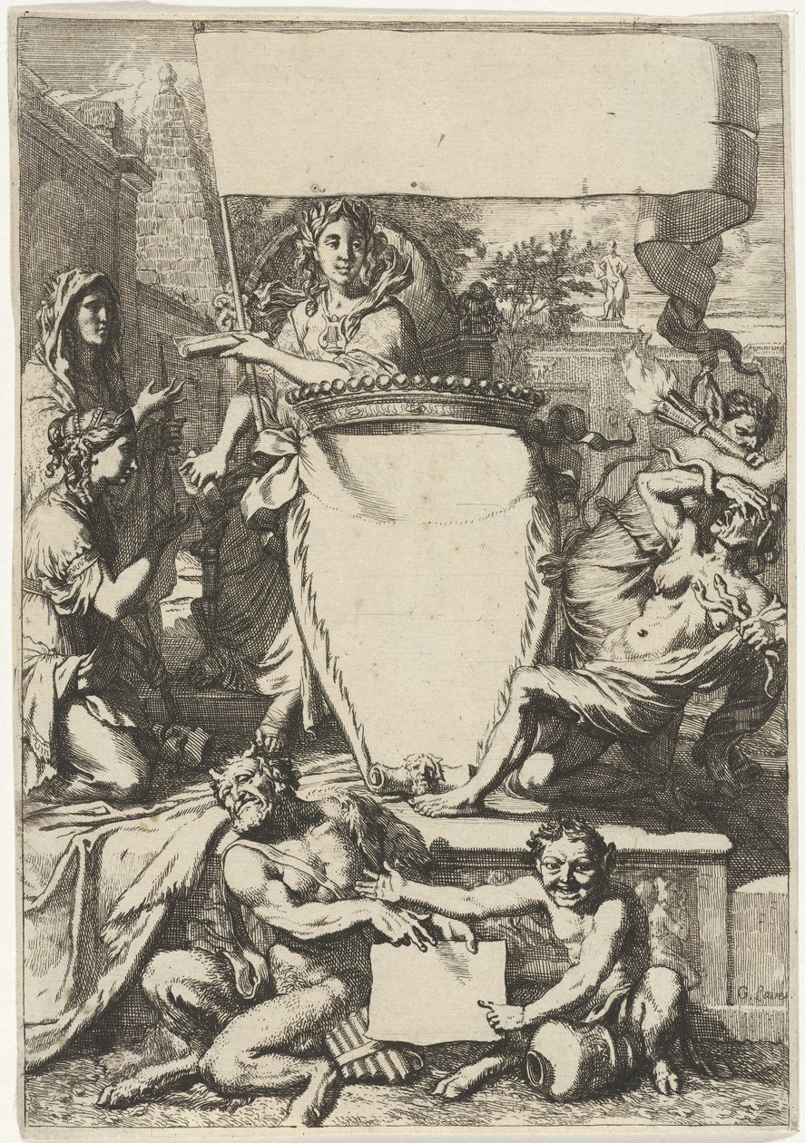 Alegorik figürlerle çevrili kartuş by Gerard de Lairesse