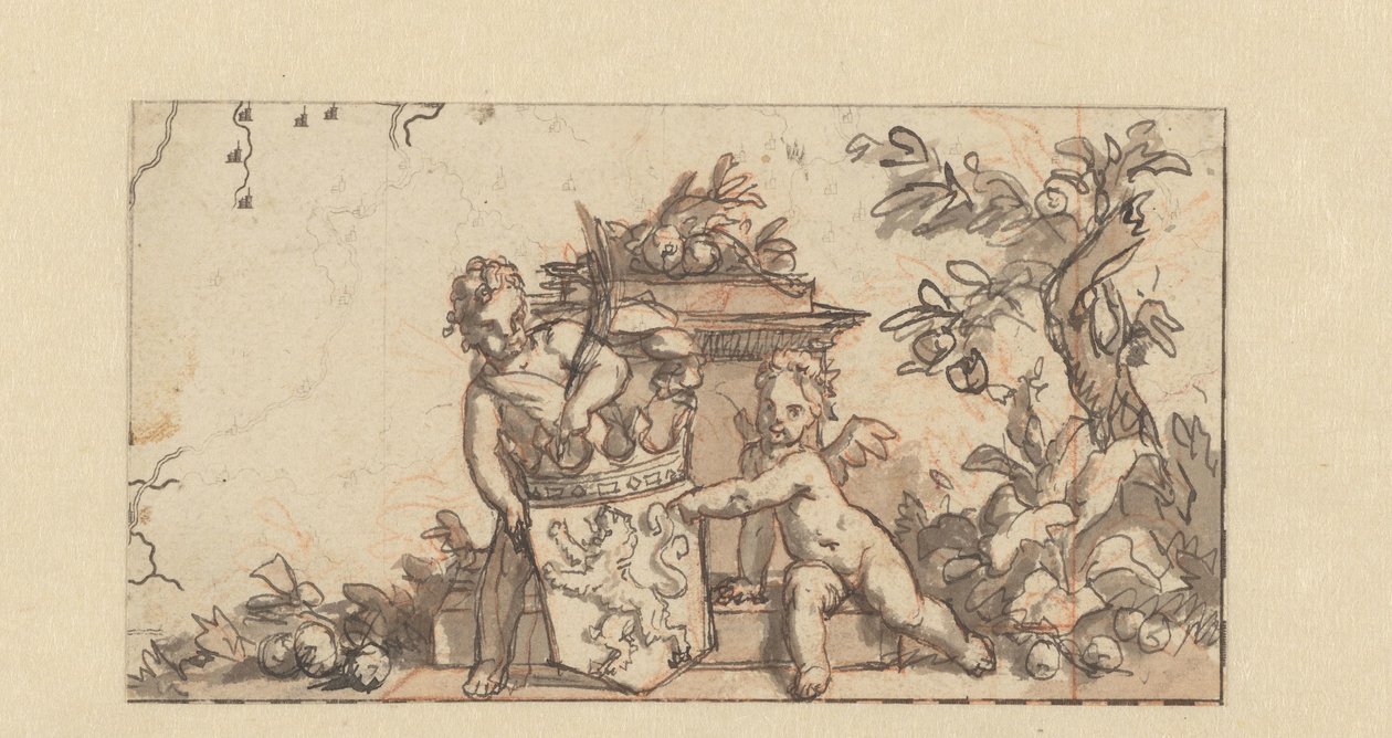 Hollanda arması ile iki putti ile bir skeç için tasarım by Gerard de Lairesse