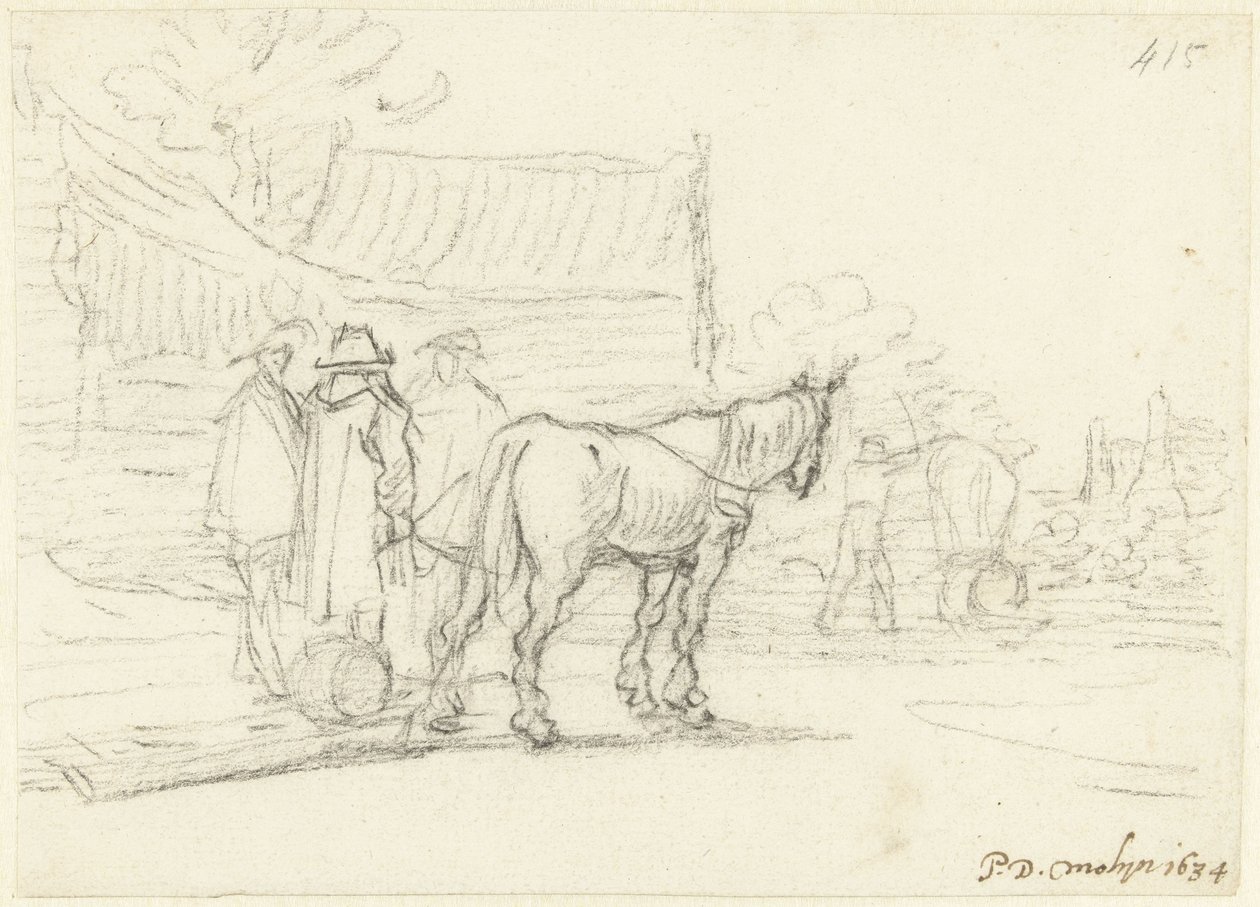 Bir at ve kızağın yanında üç adam by Gerard ter Borch (II)