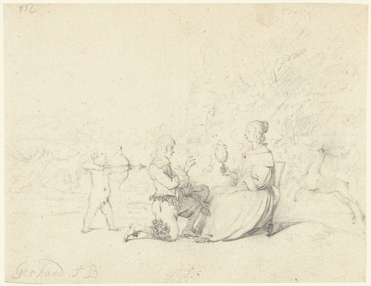 Bir bayanın önünde diz çöken beyefendi by Gerard ter Borch (II)