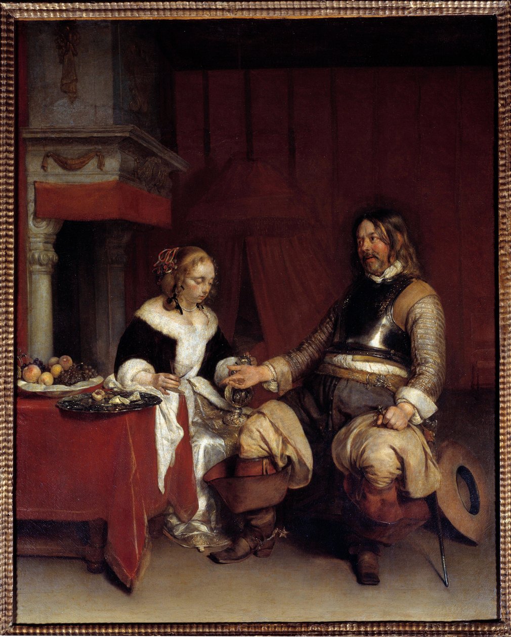 Bir erkeğin para teklif ettiği Askeri Cesur veya Genç Kadın. Gerard Ter Borch (1617-1681), Hollandaca tarafından tablo by Gerard ter Borch