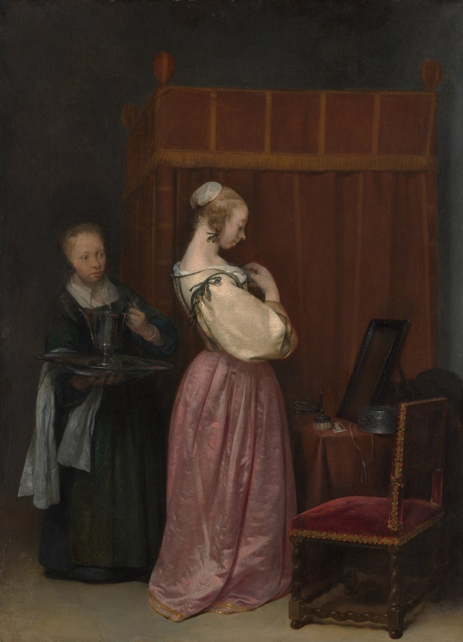 Tuvaletinde Hizmetçisiyle Genç Bir Kadın, c.1650-51 by Gerard ter Borch