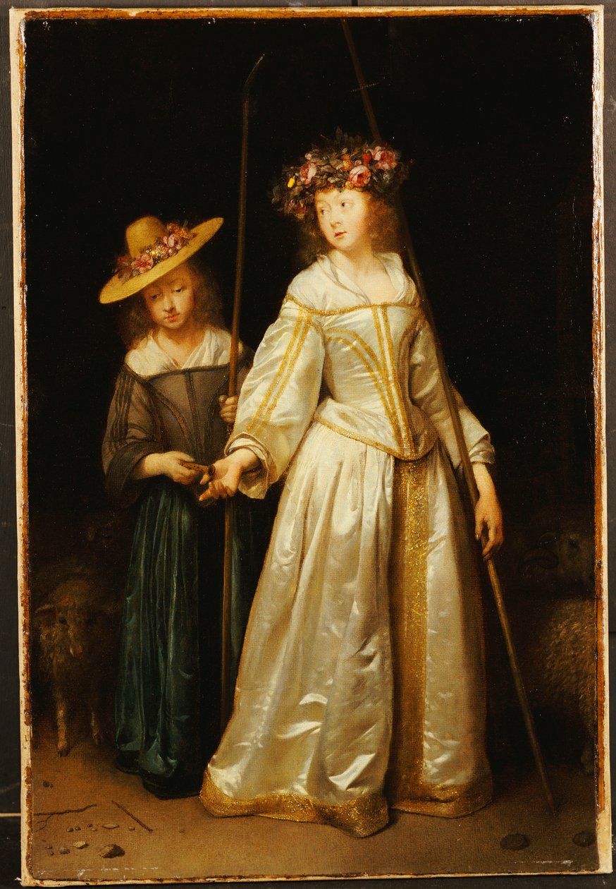 Sanatçının üvey kız kardeşi, küçük kız kardeşi Catharina ona flüt verirken, 1651 by Gerard ter Borch