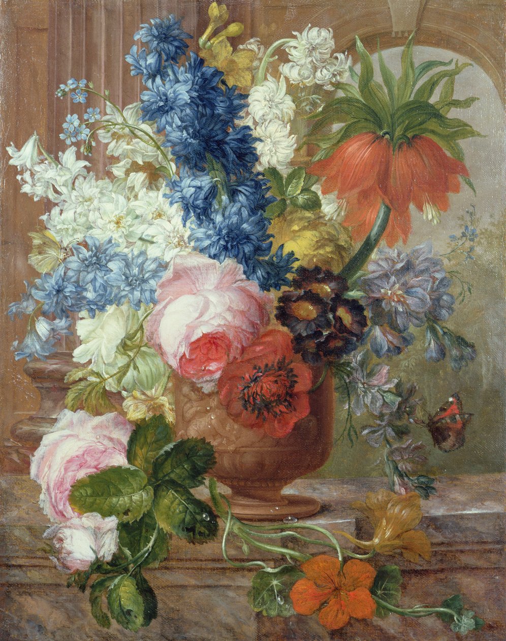Güller, Delphiniums, Anemon, Nasturtium ve bir Mermer Çıkıntı Üzerinde Oyulmuş Bir Vazoda İmparatorluk Zambak (tuval üzerine yağlı boya) by Gerard van (after) Spaendonck