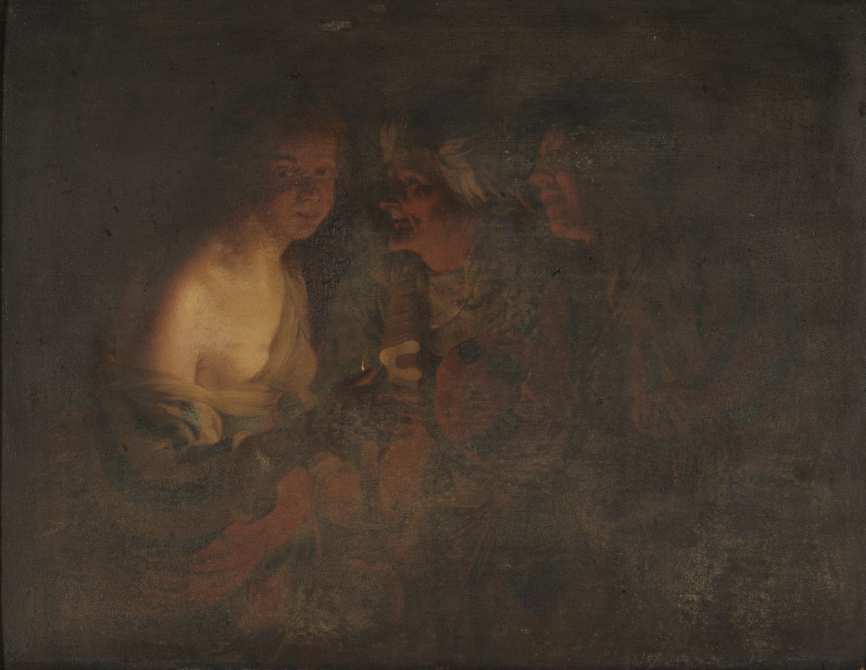 Şamdanlı Genç Kadın, Yaşlı Kadın ve Kemancı by Gerard van Honthorst
