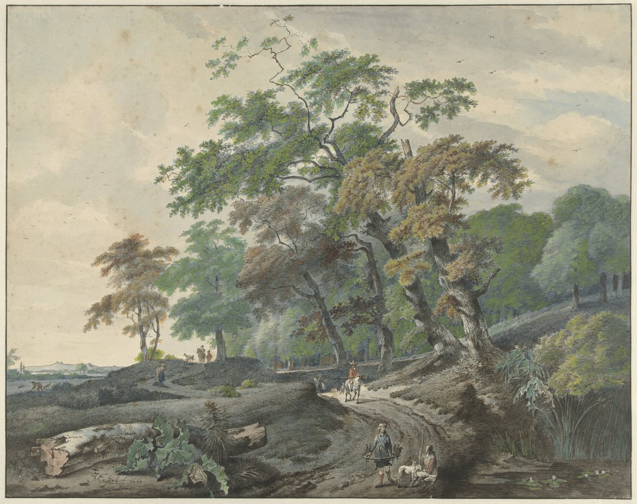 Ormanın içinden geçen bir yol ve bir şahin avcısı olan manzara by Gerard van Nijmegen