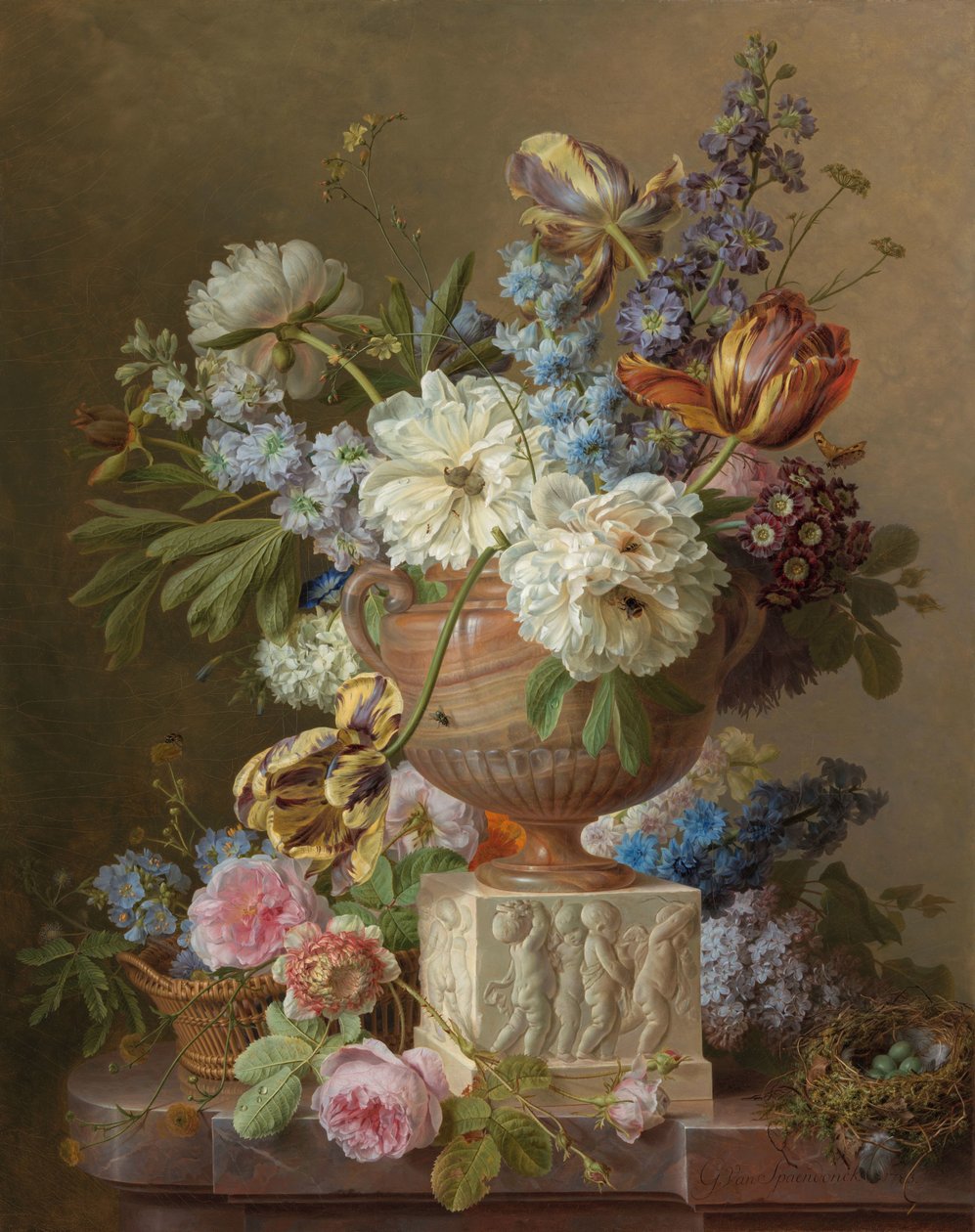 Alabaster Vazolu Çiçek Natürmort by Gerard van Spaendonck (signed by artist)