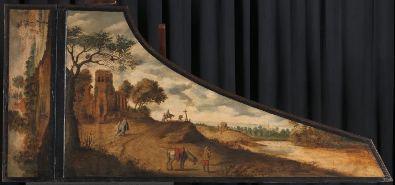Bir klavsen kapağı Tepelik bir manzara ve gezginler ile bir klavsen kapağı üzerinde boyama by Gerard van der Horst (copy after)