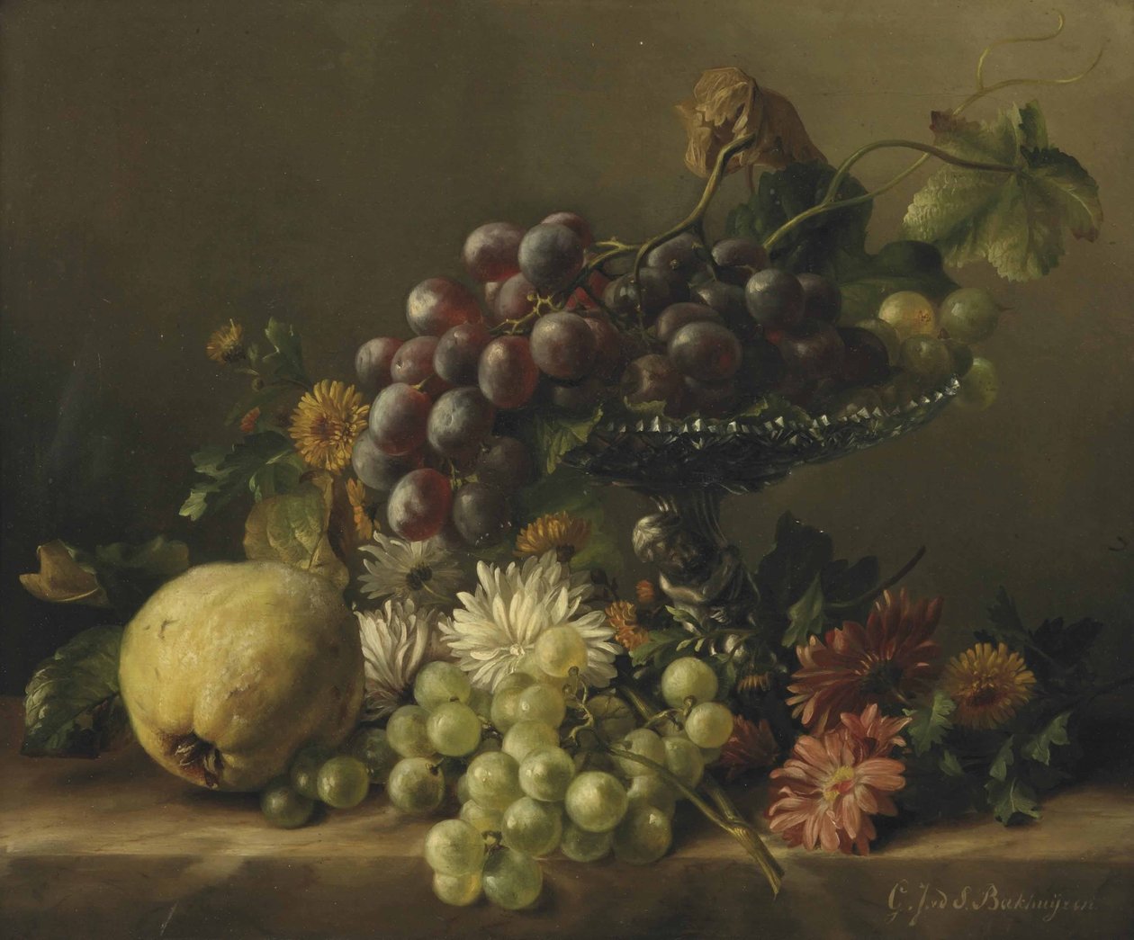 Bir çıkıntının üzerinde ayva, karahindiba, papatyalar, yıldız çiçeği ve üzümlü bir plato by Gerardina Jacoba van de Sande Bakhuyzen
