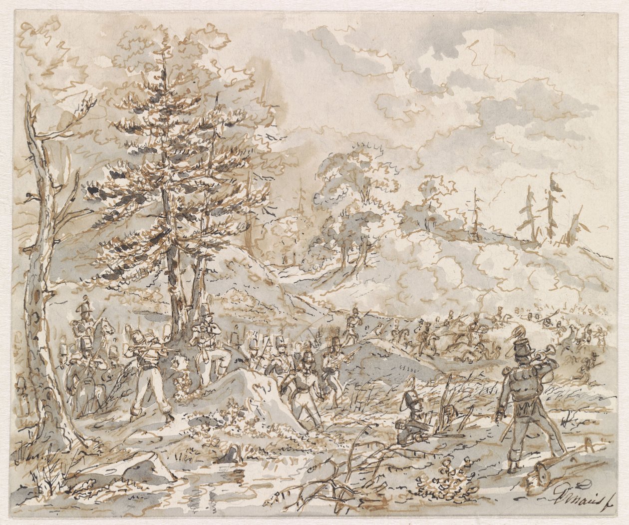 Dağlık bir arazide süvari ve piyadeler arasındaki savaş by Gerardus Emaus de Micault