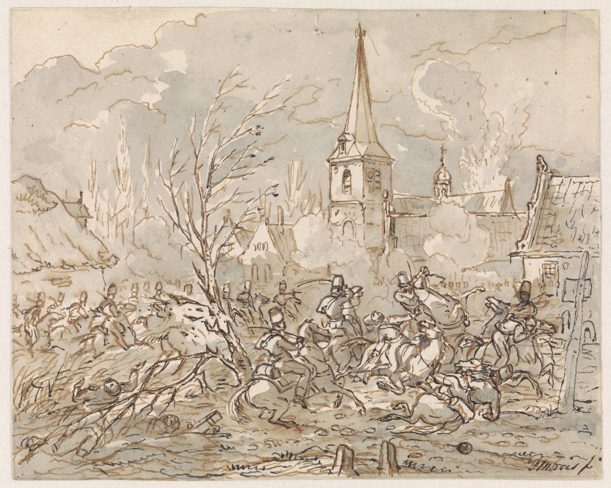 Bir köyün ele geçirilmesinde binicilik savaşı by Gerardus Emaus de Micault