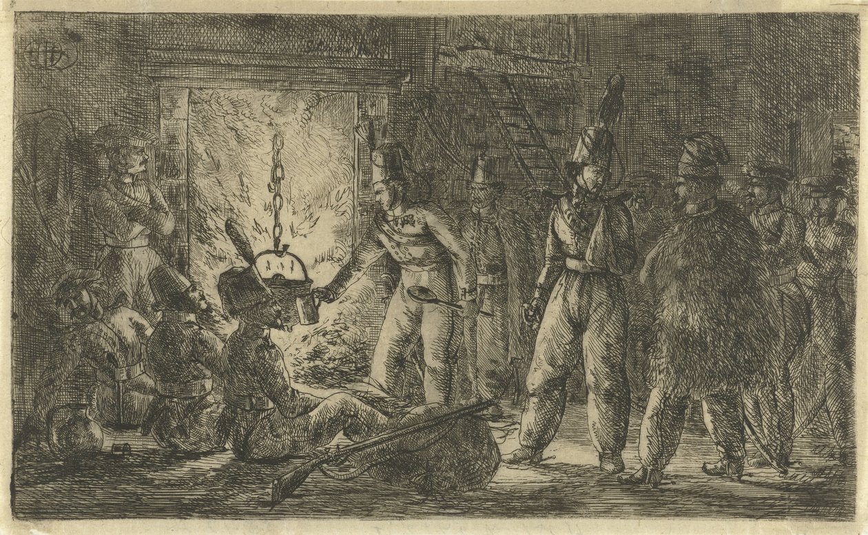 Ateşin yanındaki askerler Çiftlik Evindeki Kazaklar by Gerardus Emaus de Micault