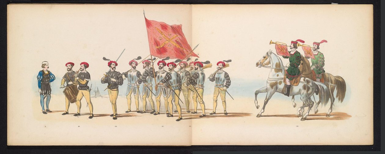 Leiden Öğrencilerinin Maskeli Balosu, 1855 (Levha 12) Leidsche Hoogeschool'un 280. yıldönümünü kutlamak amacıyla 12 Haziran 1855'te Leiden öğrenci birliklerinin üyeleri tarafından düzenlenen, Karel V bin'in girişini tasvir eden kostümlü alayı by Gerardus Johannes Bos