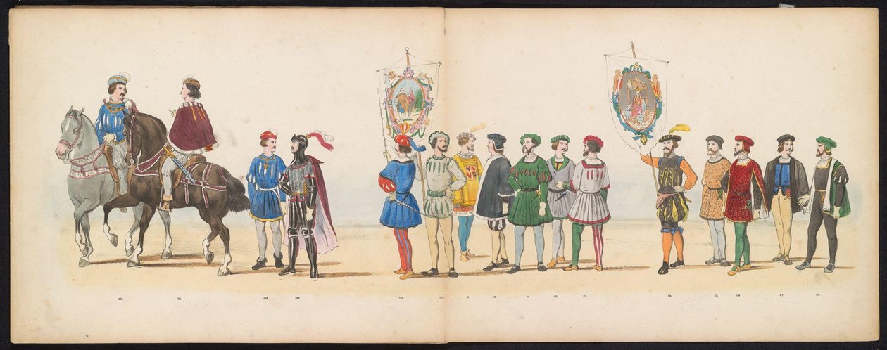 Leiden Öğrencilerinin Maskeli Balosu, 1855 (Levha 13) Leidsche Hoogeschool'un 280. yıldönümünü kutlamak amacıyla 12 Haziran 1855'te Leiden öğrenci birliklerinin üyeleri tarafından düzenlenen, Karel V'in by Gerardus Johannes Bos
