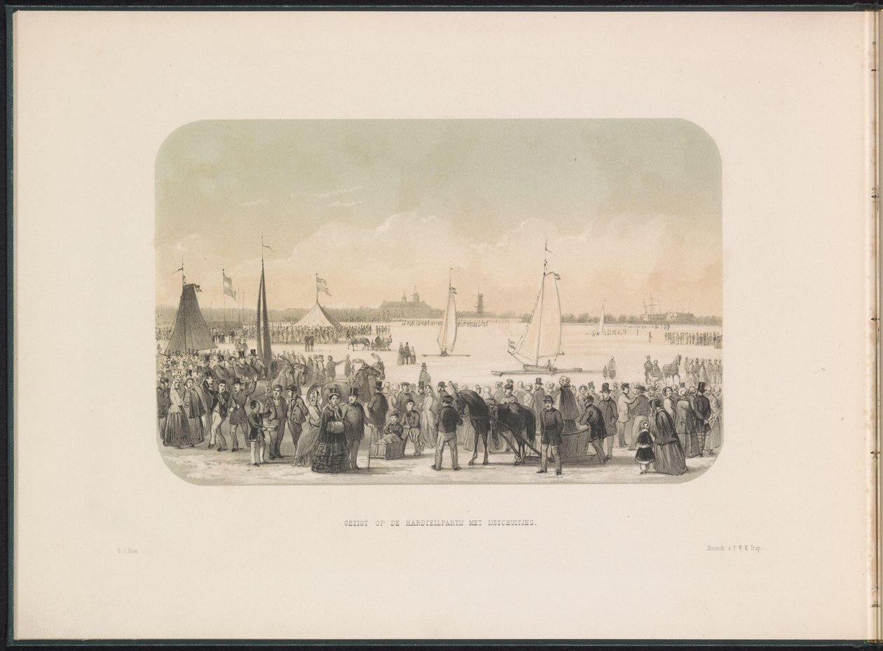 Rotterdam'da Maas'ta buz yatları yarışması, 1855 Buz tekneleriyle sert yelkenin görünümü (nesne üzerinde başlık) Şubat 1855'te Rotterdam'da Maas'ta buz eğlencesi, başlıklarla (nesne üzerinde seri başlığı) by Gerardus Johannes Bos